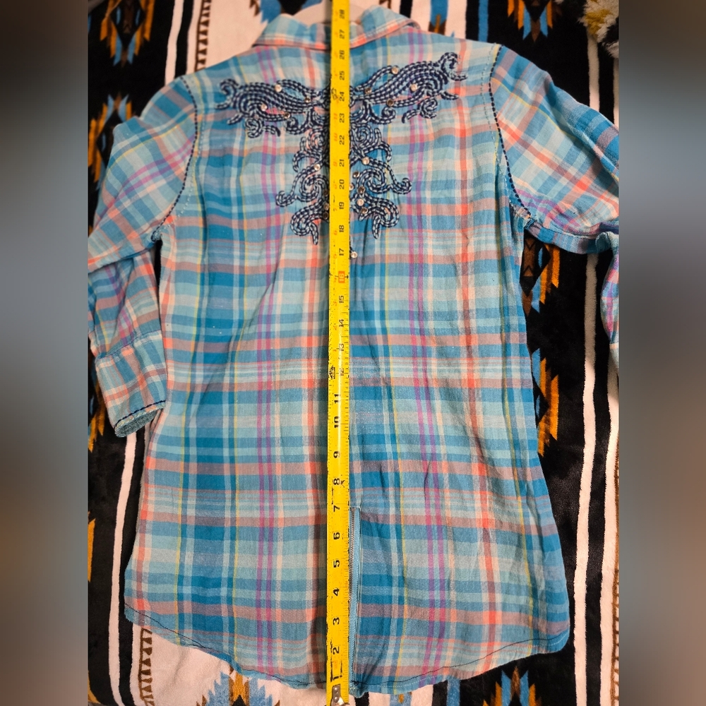 Roar Blue Plaid Button-Up Shirt with Embroidery And Riverts, Size M - Picture 8 of 13